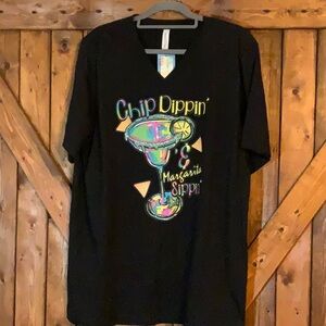 Black Graphic T-Shirt with Colorful Design, v-neck